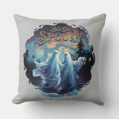 Lets Get Spooky Halloween Ghosts Grey Version Throw Pillow