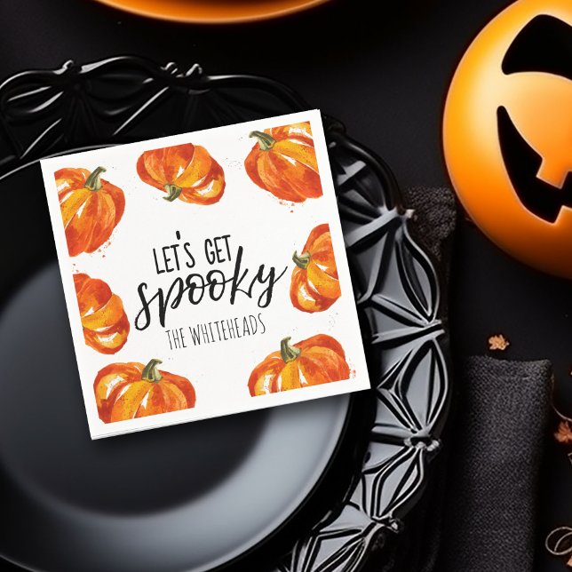 Let's get Spooky Halloween Pumpkin Napkins (Let's get spooky typography with watercolor pumpkin border napkin design for a Halloween party.)