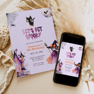 Let's get Spooky Little witch Halloween birthday Invitation