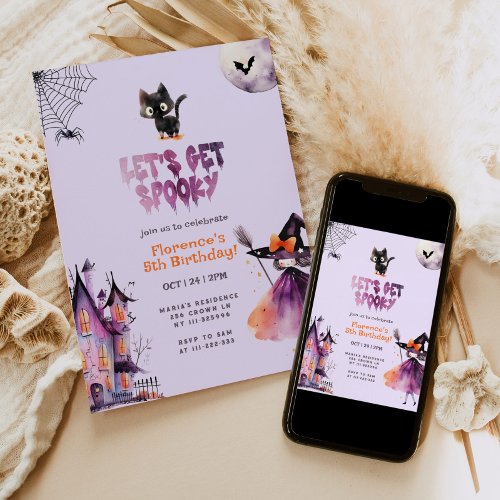 Lets get Spooky Little witch Halloween birthday Invitation