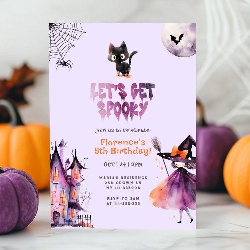 Lets get Spooky Little witch Halloween birthday Invitation