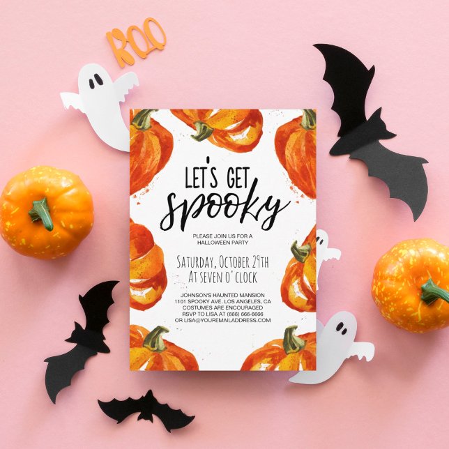 Let's get Spooky Pumpkin Halloween Party Invitation (Let's get spooky typography watercolor orange pumpkin border party invitation.)
