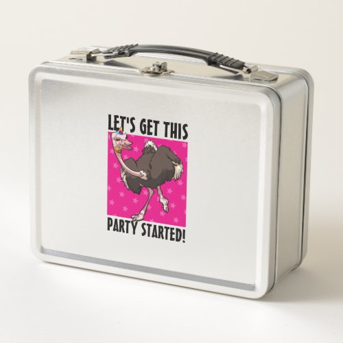 Lets Get This Party Started Cartoon Ostrich Metal Lunch Box