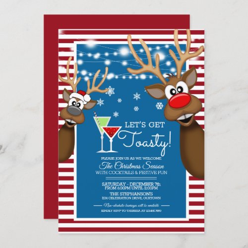 Let's Get Toasty Christmas Cocktail Party Invitation - Funny Christmas cocktail party invitation featuring two of Santa's reindeer.