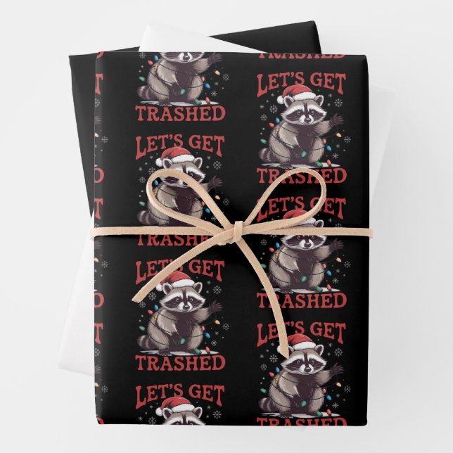 Let's Get Trashed Christmas Raccoon Feral Meme Wrapping Paper Sheets (In situ)
