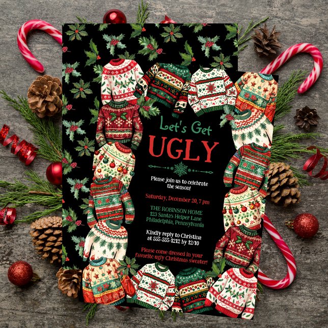 Let's Get Ugly Christmas Sweater Party Black Invitation ("Let's Get Ugly" Christmas Sweater Party Black Invitation)