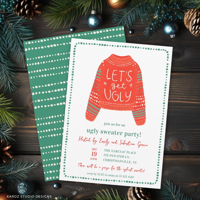 Let's Get Ugly Fun Ugly Sweater Christmas Party Invitation (Front + back of Christmas Party invitation shown at a 5x7 inch. )