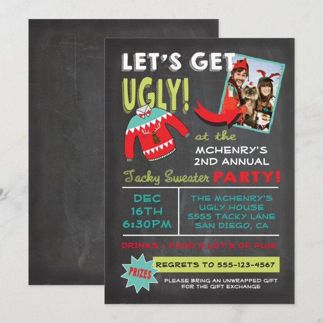 Let's Get Ugly Sweater Christmas Party chalkboard Invitation (Front/Back)