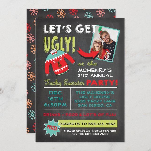 Let's Get Ugly Sweater Christmas Party chalkboard Invitation (Front/Back)