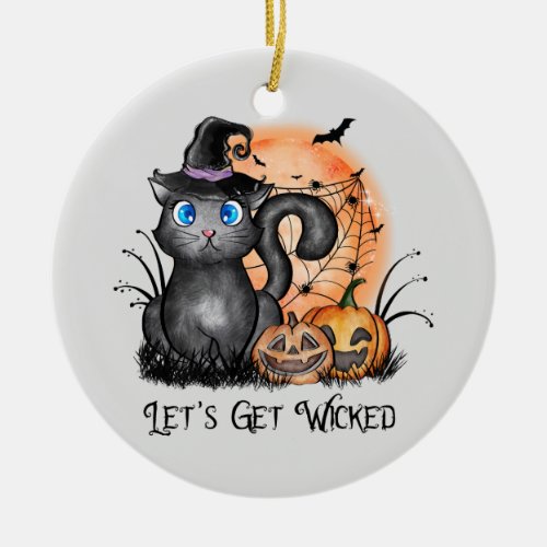 Lets Get Wicked  Black Witch Cat Ceramic Ornament
