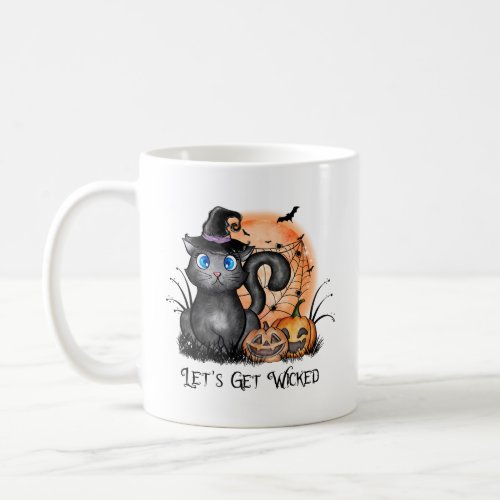 Lets Get Wicked  Black Witch Cat  Coffee Mug