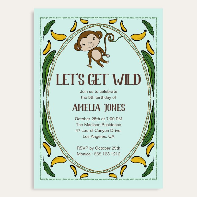 Lets Get Wild Cute Monkey Banana Birthday Invitation (Creator Uploaded)