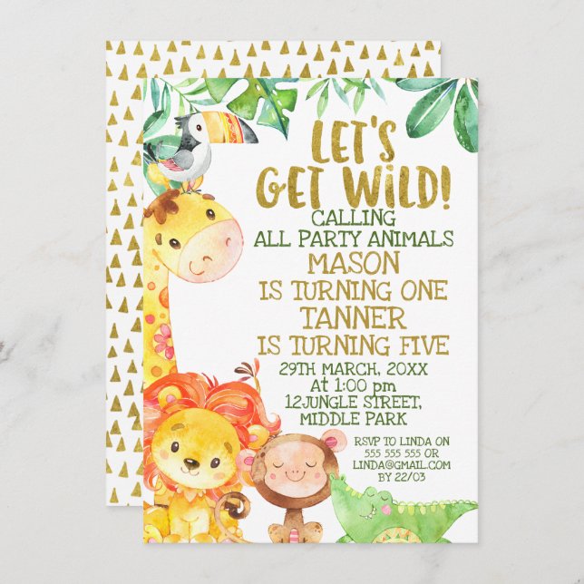 Let's Get Wild Joint Gold Safari Animals Birthday Invitation (Front/Back)
