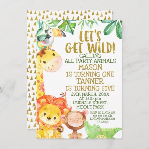 Lets Get Wild Joint Gold Safari Animals Birthday Invitation