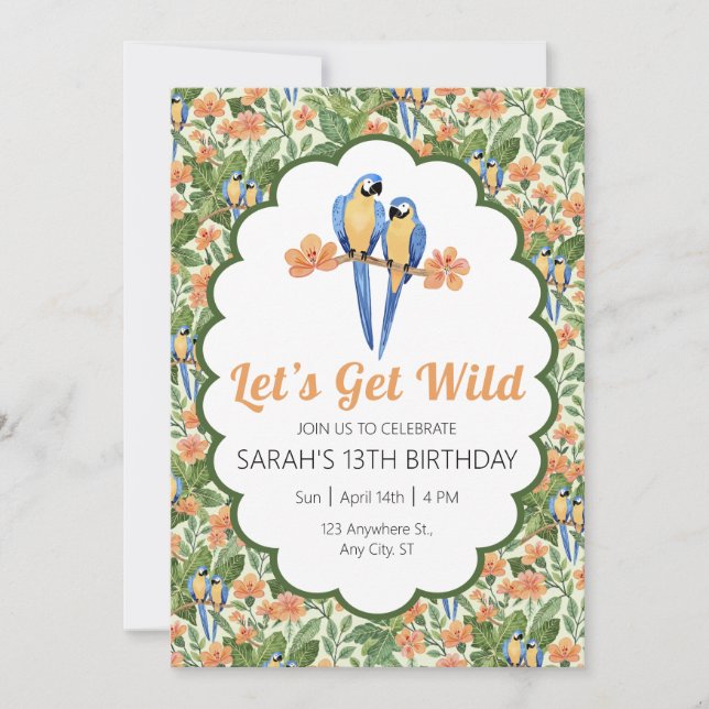 Let's Get Wild Macaw Jungle Tropical Birthday Invitation (Front)