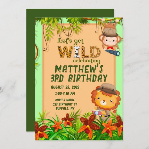 Lets Get Wild Safari Animal Birthday Party Invita Invitation