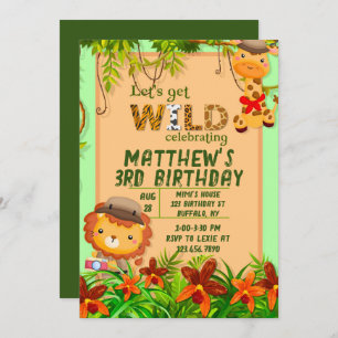 Let's Get Wild Safari Animal Birthday Party Invitation