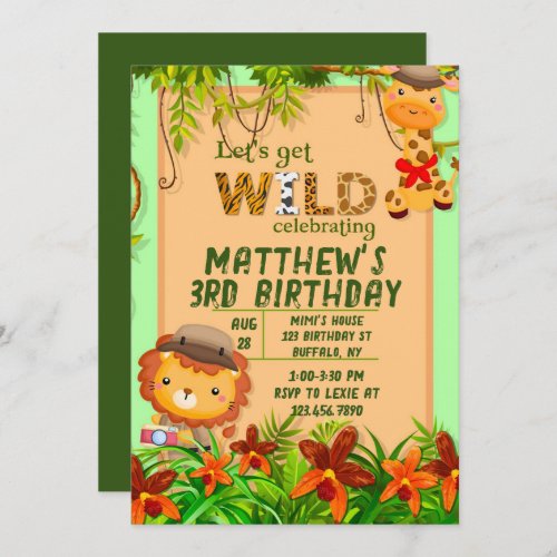 Lets Get Wild Safari Animal Birthday Party Invitation