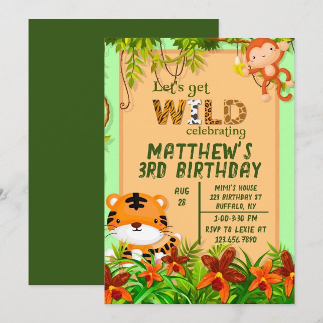 Let's Get Wild Safari Animal Birthday Party  Invitation (Front/Back)