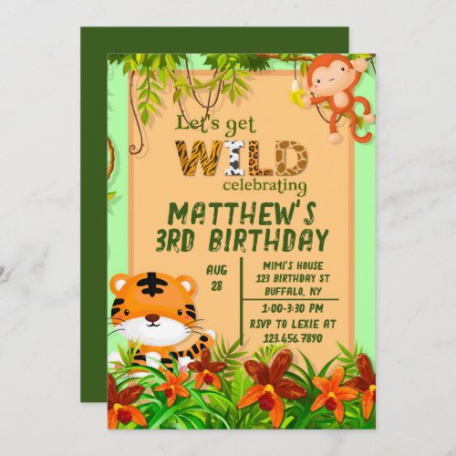 Lets Get Wild Safari Animal Birthday Party  Invitation