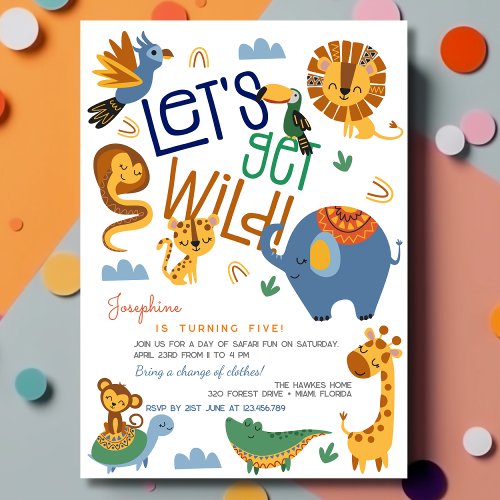 Lets get wild safari animals kids birthday party invitation