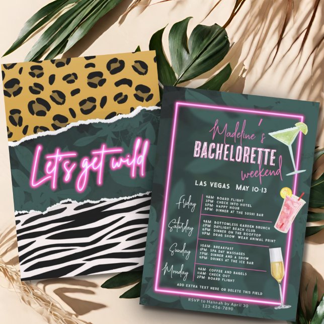 Lets get wild zebra leopard neon pink bachelorette invitation (Creator Uploaded)