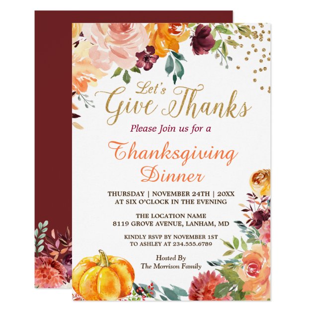 Let's Give Thanks Fall Pumpkin Thanksgiving Dinner Invitation