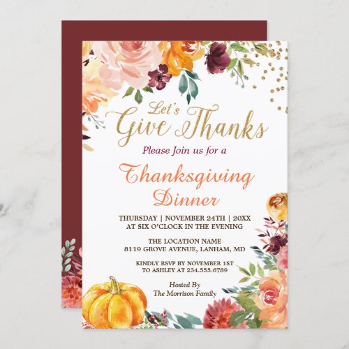 Lets Give Thanks Fall Pumpkin Thanksgiving Dinner Invitation