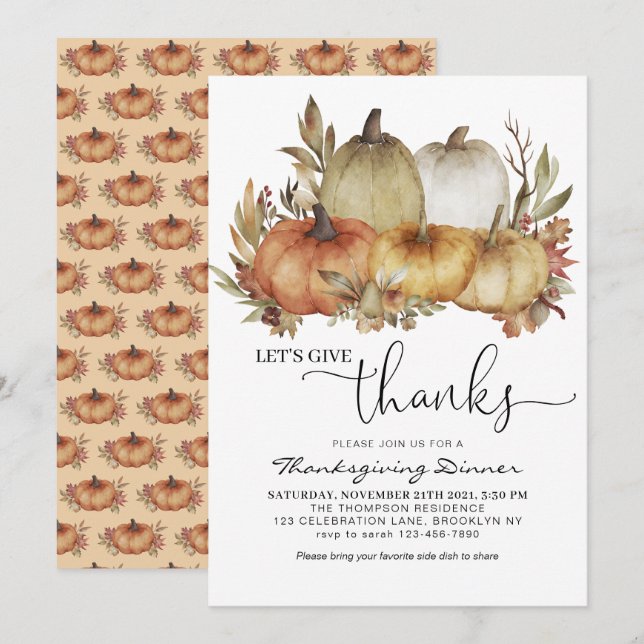 Let's Give Thanks Orange Pumpkin Thanksgiving Invitation (Front/Back)