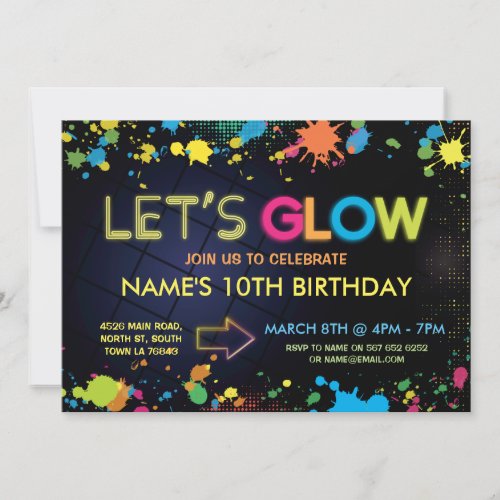 Let's Glow Birthday Party Invite Neon Kids Party