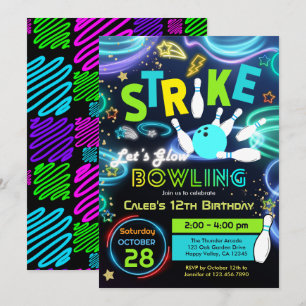 Let's Glow Bowling Kid Birthday Party Neon Color Invitation