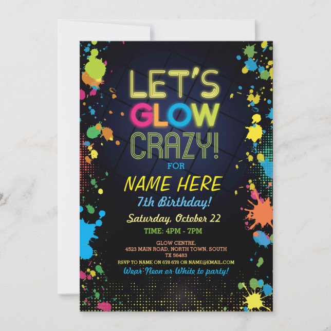 Let's Glow Crazy Birthday Neon Paint Invitation (Front)
