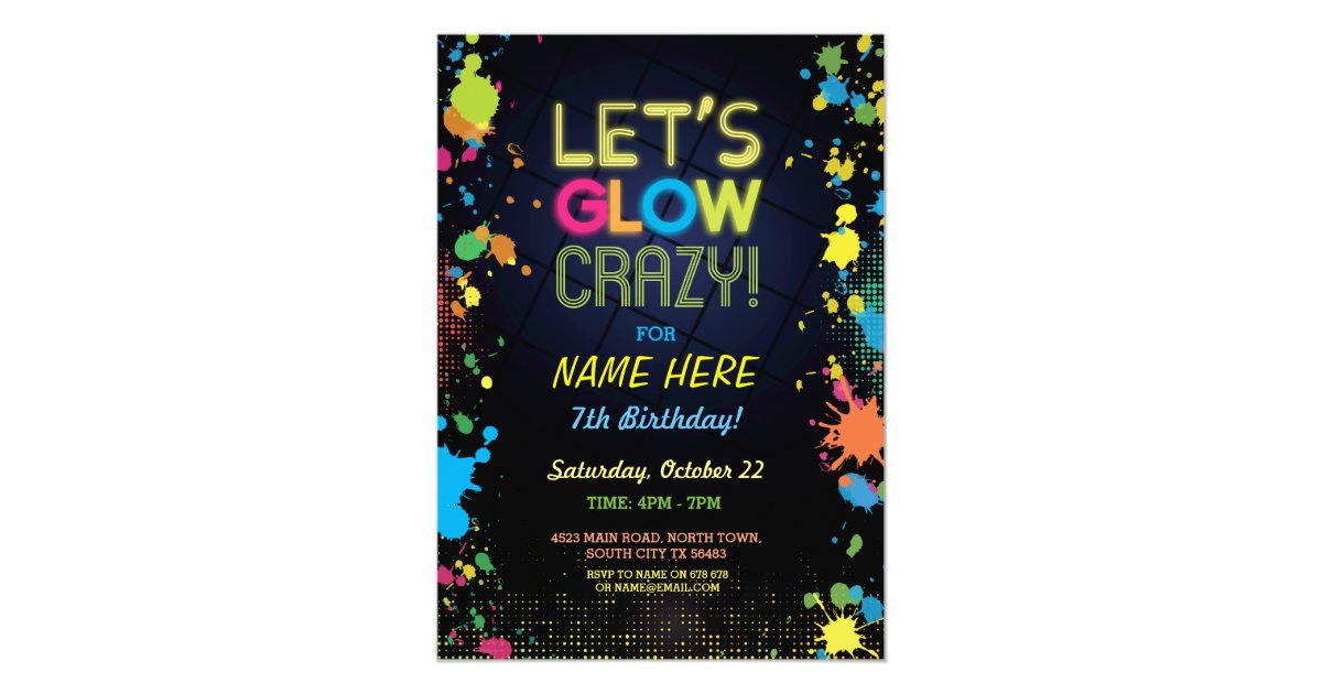 Let S Glow Crazy Birthday Neon Paint Invitation Zazzle Com