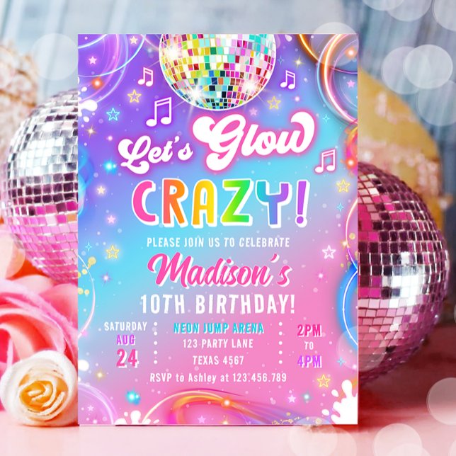 Let's Glow Crazy Disco Neon Glow Girl Birthday Invitation (Creator Uploaded)