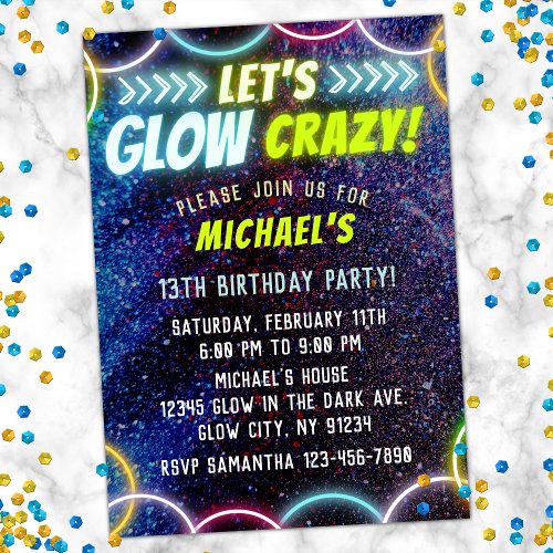 Lets Glow Crazy in the Dark Neon Lights Fun Party Invitation