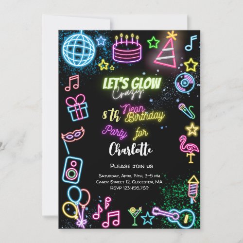 Lets glow crazy neon birthday invitation