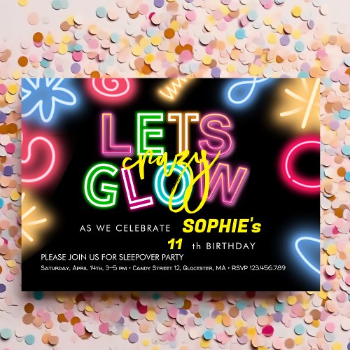 Lets glow crazy neon birthday laser party invitation