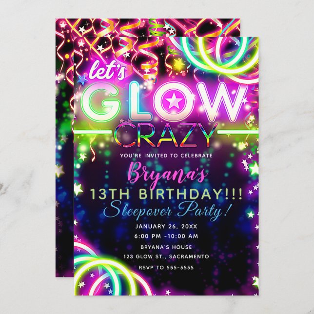 Let's GLOW Crazy Neon Colorful Birthday Party Invitation (Front/Back)
