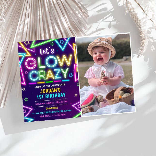Let's GLOW Crazy Neon Colorful Birthday Photo Invitation (Creator Uploaded)