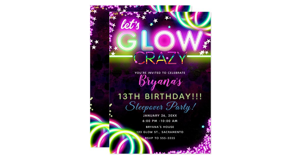 Let S Glow Crazy Neon Glowing Birthday Party Invitation
