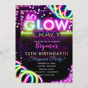 Let's GLOW Crazy Neon Glowing Birthday Party Invitation