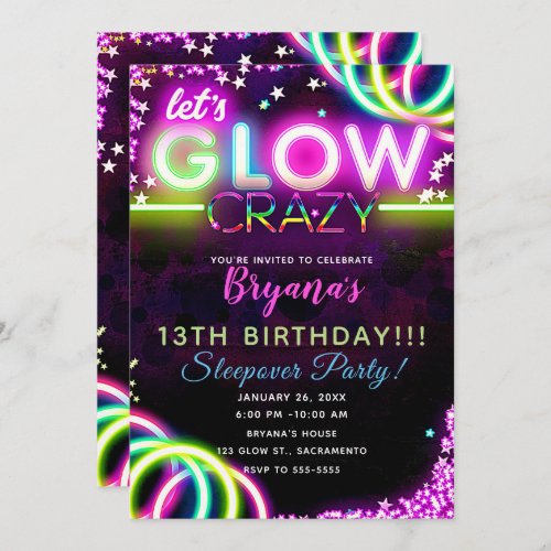 Lets GLOW Crazy Neon Glowing Birthday Party Invitation