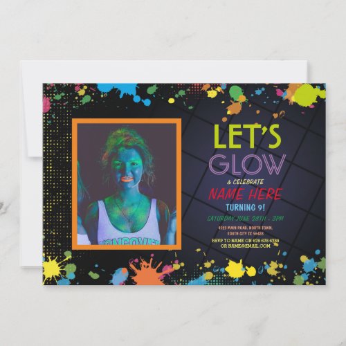 Lets Glow in the Dark Birthday Party Photo Neon Invitation