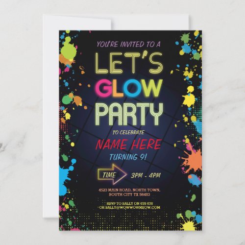 LET'S GLOW INVITE NEON PAINT KIDS BIRTHDAY PARTY