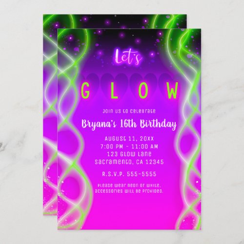 Lets Glow Purple Pink Neon Green Sweet 16 Party Invitation