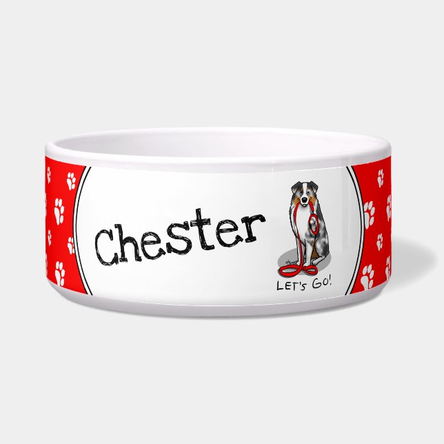 Let's Go! Australian Shepherd (blue merle tan/w 1) Bowl (Front)