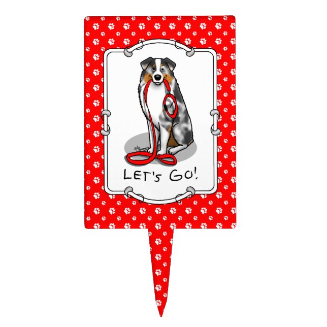 Let's Go! Australian Shepherd (blue merle tan/w 1) Cake Topper (Front)