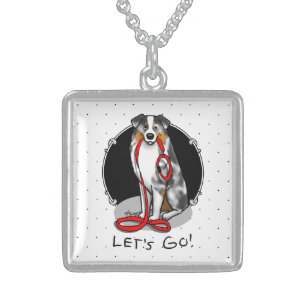 Let's Go! Australian Shepherd (blue merle tan/w 1) Sterling Silver Necklace