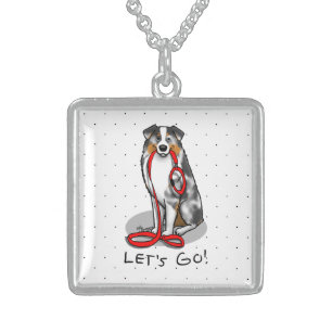 Let's Go! Australian Shepherd (blue merle tan/w 1) Sterling Silver Necklace