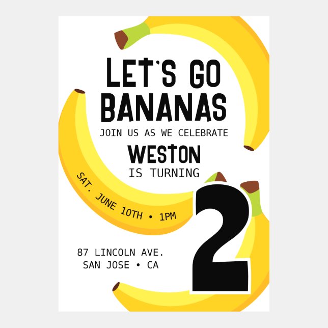 Let's Go Bananas! Customizable Kids Birthday Party Invitation (Front)